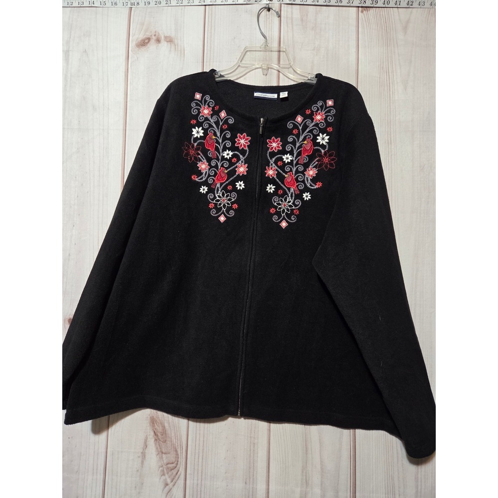 Croft & Barrow Womens 3X‎ Black Fleece Zip Up Jacket Cardinal Floral Embroidered